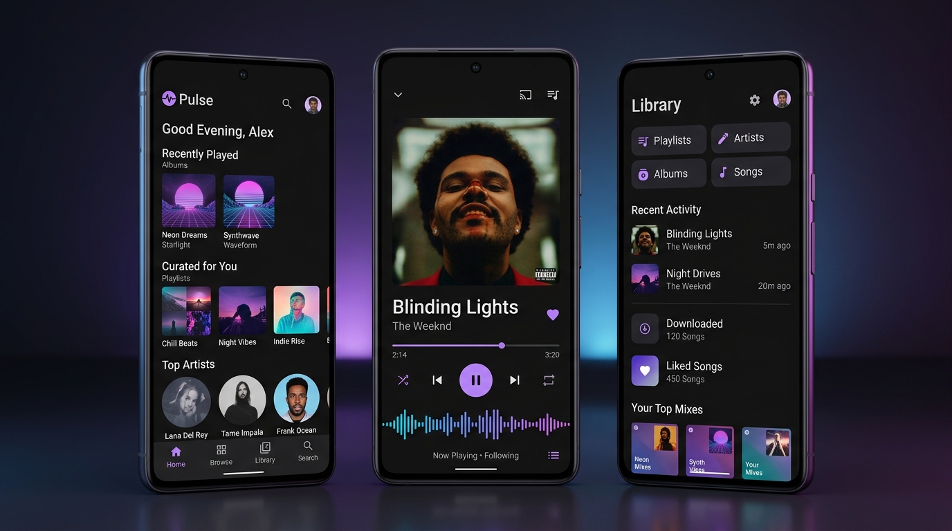 Pulse App Screenshots — Home, Now Playing, and Library screens